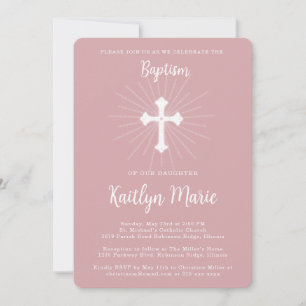 Dusty Pink Taufe für Tochter mit Kreuz Einladung
