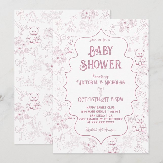 Dusty Pink Toile Bow Bear Baby Girl Dusche Einladung (Vorne/Hinten)