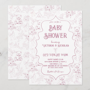 Dusty Pink Toile Bow Bear Baby Girl Dusche Einladung