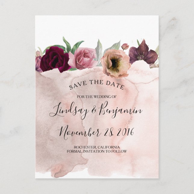 Dusty Pink und Burgund Red Floral Save the Date Ankündigungspostkarte (Vorderseite)