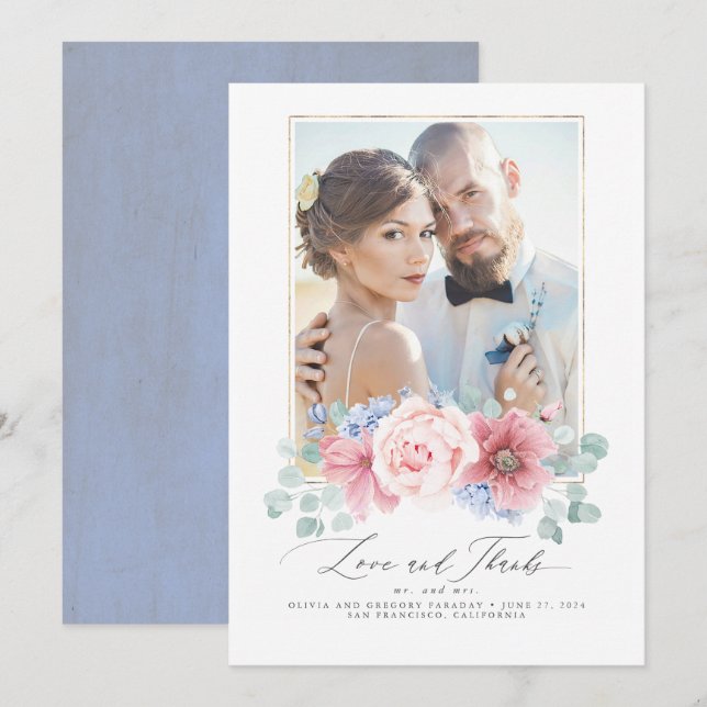 Dusty Pink und Dusty Blue Floral Wedding Vielen Da Einladung (Vorne/Hinten)