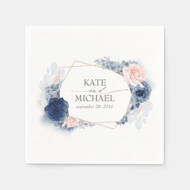 Dusty Pink und Navy Blue Floral Wedding Serviette (Vorderseite)