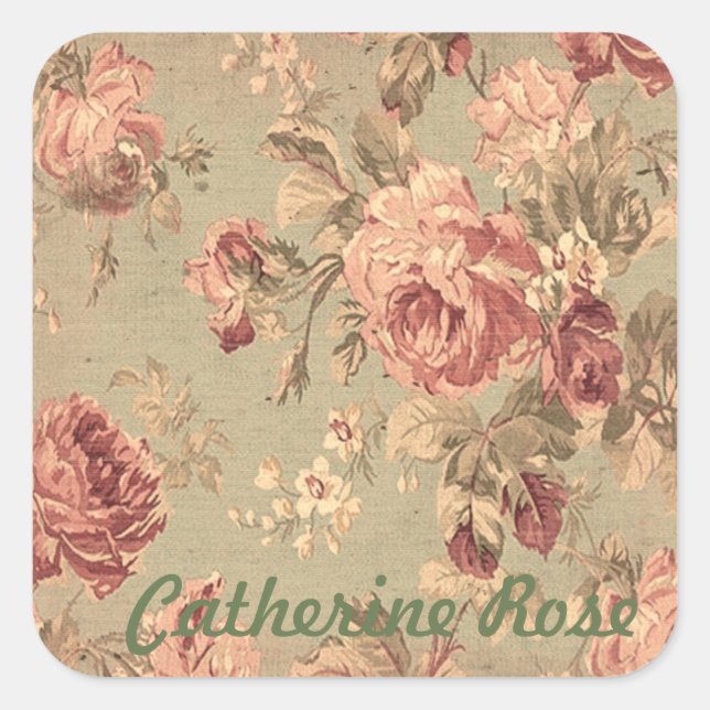Dusty Pink und Sage Green Rose Personalisiert Quadratischer Aufkleber (Vorderseite)