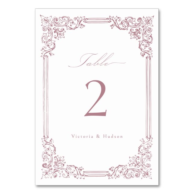 Dusty Pink Vintag Frame Elegante Script Hochzeit Tischnummer (Vorderseite)