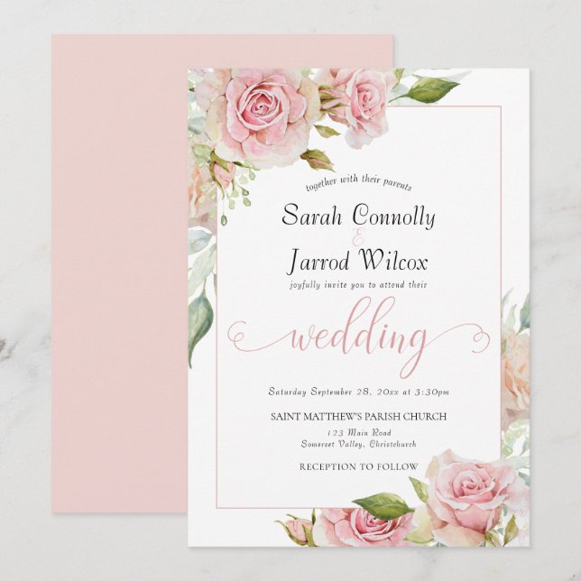 Dusty Pink Watercolor Rose Hochzeit Einladung (Vorne/Hinten)