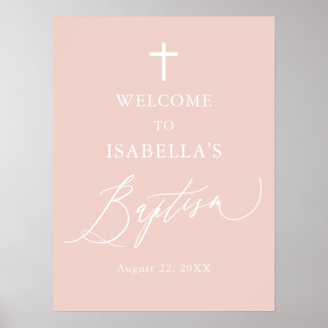 Dusty Pink White Cross Girl Baptism Welcome Sign Poster (Vorne)