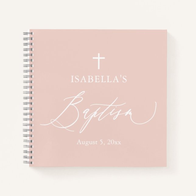 Dusty Pink White Cross Girl Taufbuch Notizbuch (Vorderseite)