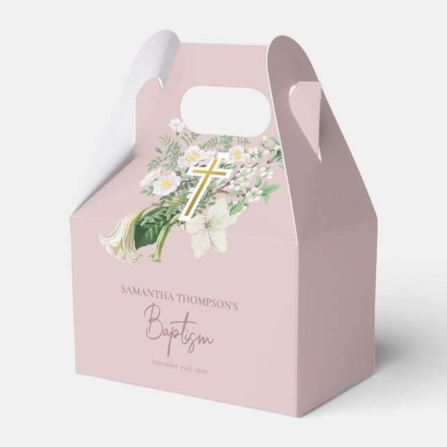 Dusty Pink White Floral Religious Cross Taufen Geschenkschachtel (Vorderseite)