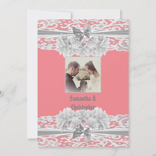 Dusty Pink White Lace Hochzeit Foto Einladung (Rückseite)