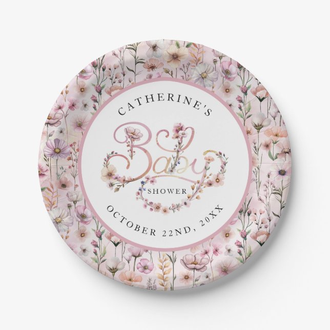 Dusty Pink Wildblume Baby Duschvorrichtung Teller  (Vorderseite)