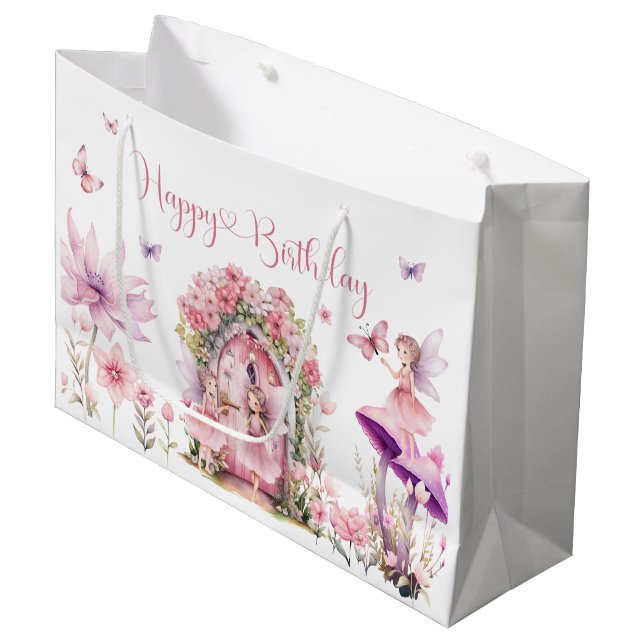 Dusty Pink Wildblume Fairy Birthday Party Große Geschenktüte (Vorderseite Schrägansicht)