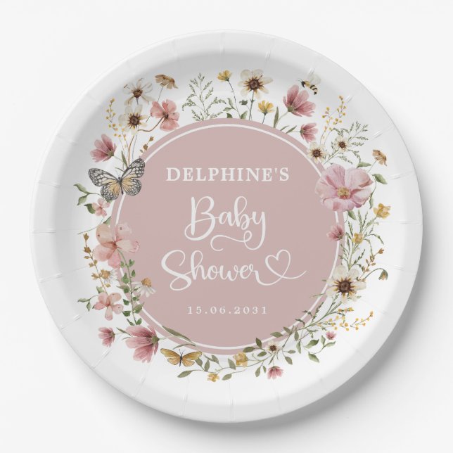 Dusty Pink Wildblume Garden Baby in Blütendusche Pappteller (Vorderseite)