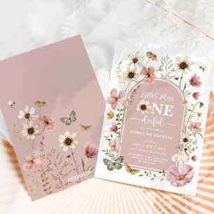 Dusty Pink Wildblume Miss Onederful 1. Geburtstag Einladung
