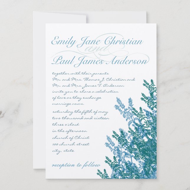 Dusty Placid Blue und Aquamarin Wild Blume Wedding Einladung (Vorderseite)
