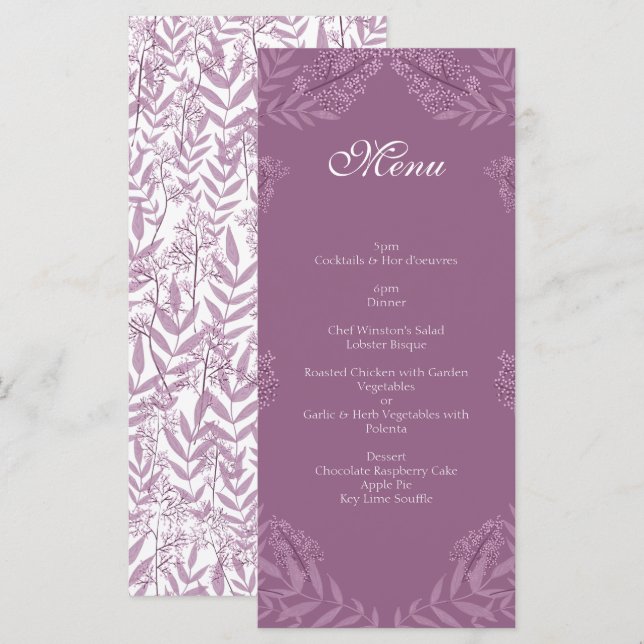 Dusty Plum Lila Wedding Botanical Menükarte (Vorne/Hinten)