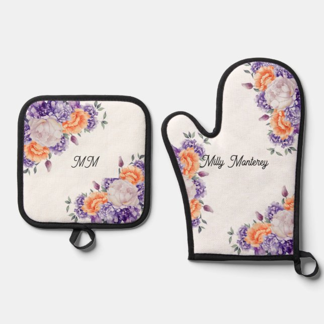 Dusty Plum und Light Orange Peonies Ofenhandschuh & Topflappen-Set (Vorderseite)
