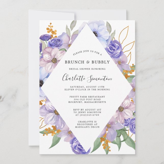Dusty Purple Blue Floral Brunch Bubbly Invitation (Devant)