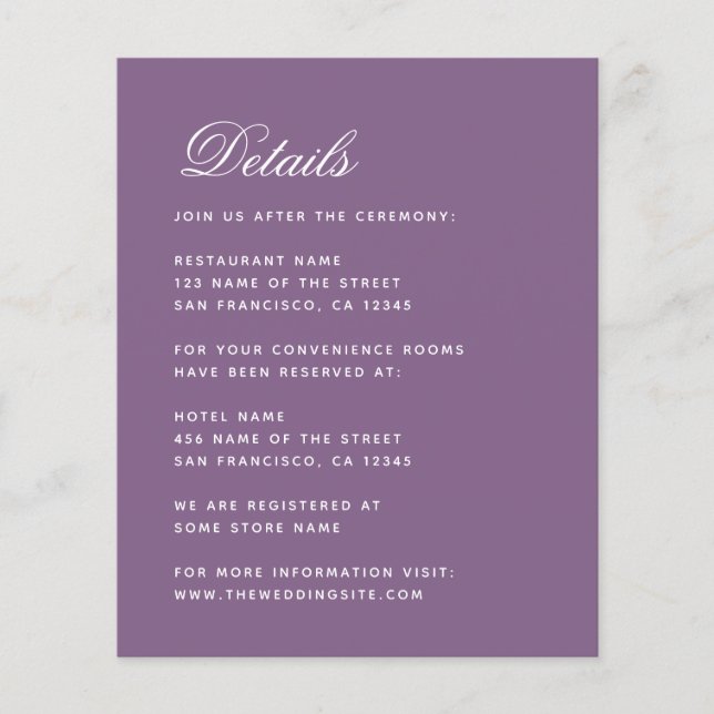 Dusty Purple Budget Mariage Détails Carte de boîti (Devant)