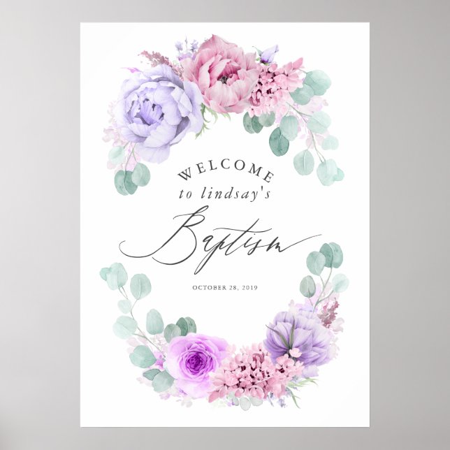 Dusty Purple et rose Floral Baptism Affiche de bie (Devant)