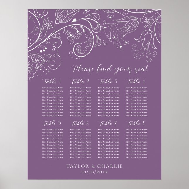 Dusty Purple Floral Mariage 8 tables Tableau de si (Devant)