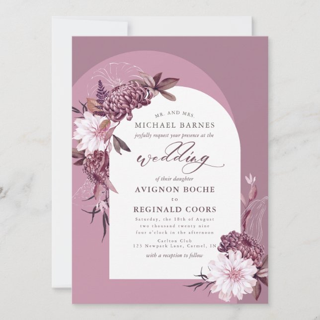 Dusty Purple Flowers Arch Foto Einladung Hochzeit (Vorderseite)