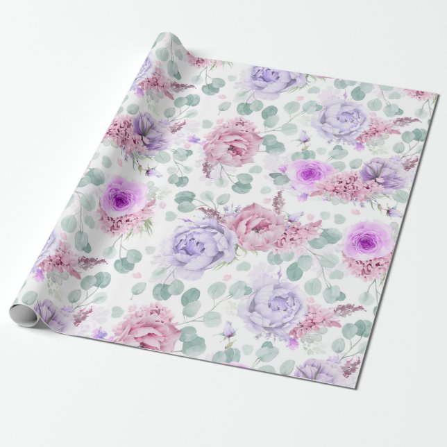 Dusty Purple Flowers Eucalyptus Verlasse Botanical Geschenkpapier (Ungerollt)