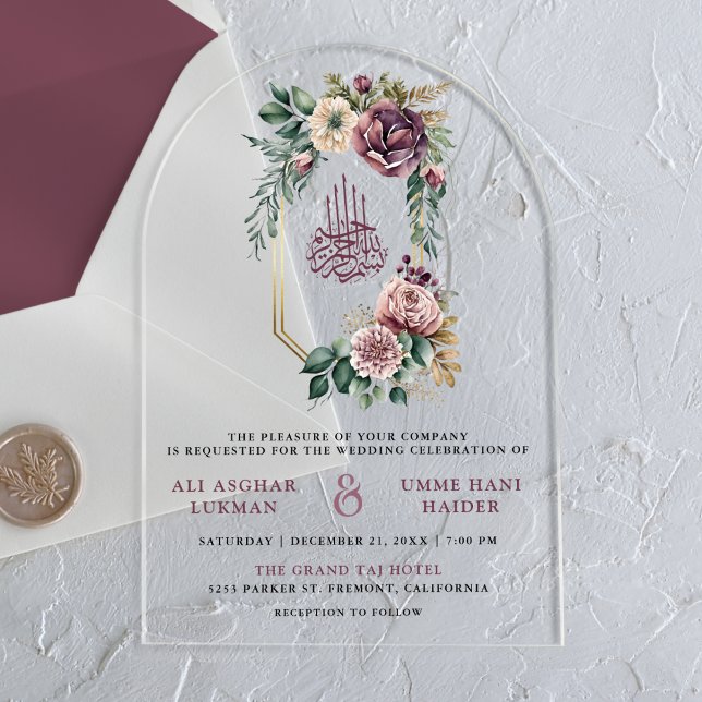 Dusty Purple Gold Floral Crest Muslim Wedding Acryleinladungen (Von Creator hochgeladen)