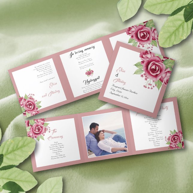 Dusty rosa Aquarell Rose Blume Hochzeit Foto Dreifach-gefaltete Programmkarte (Von Creator hochgeladen)