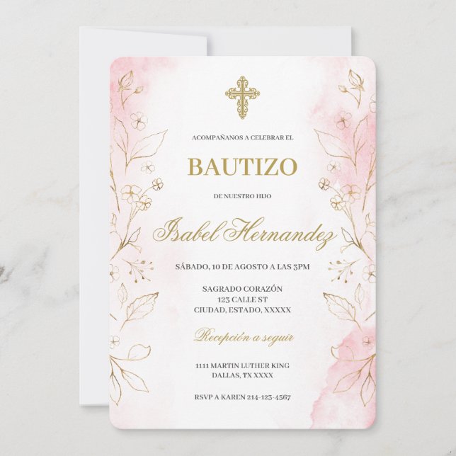 Dusty rosa minimalistische Taufe Spanisch Einladung (Vorderseite)