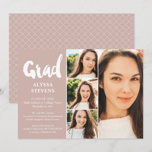 Dusty rosa simple Grad script 4 Foto Abschluss Einladung (Vorne/Hinten)