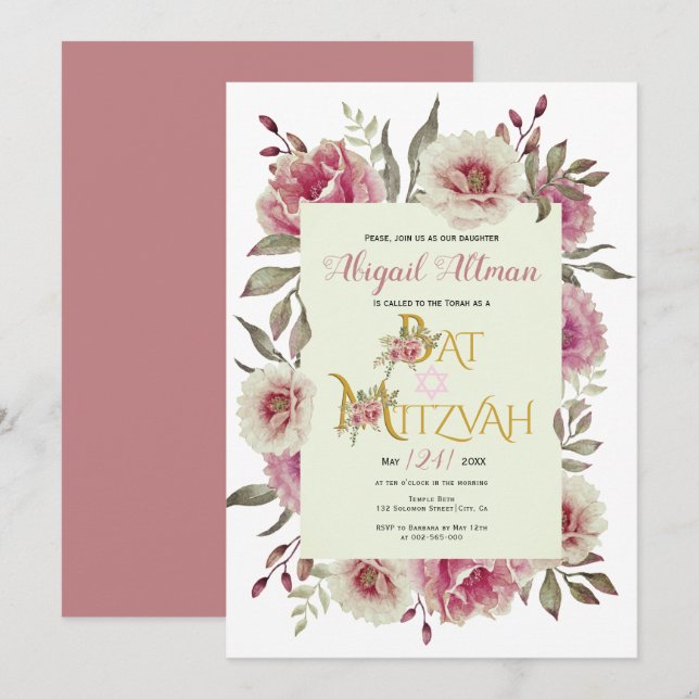 Dusty Rose Aquarell Blume Blumenstrauß Bat Mitzvah Einladung (Vorne/Hinten)
