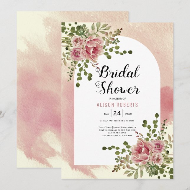 Dusty Rose Aquarell Blume Blumenstrauß Brautparty Einladung (Vorne/Hinten)