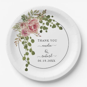 Dusty Rose Aquarell Blume Danke für Ihre Hochzeit Pappteller