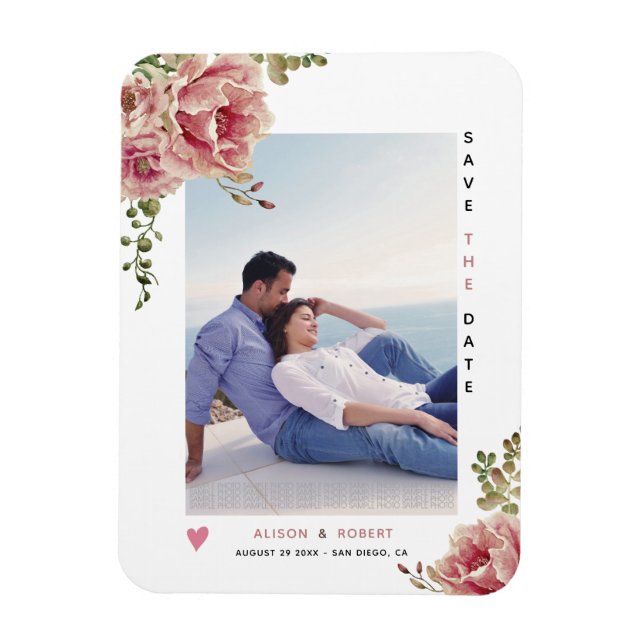 Dusty Rose Aquarell Blume Save the Date Foto Magnet (Vertikal)