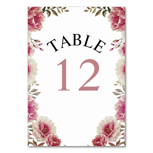 Dusty Rose Aquarell Blume und Blätter Hochzeit Tischnummer (Vorderseite)