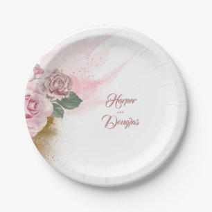 Dusty Rose Aquarell Blume und Gold Glitzer Pappteller