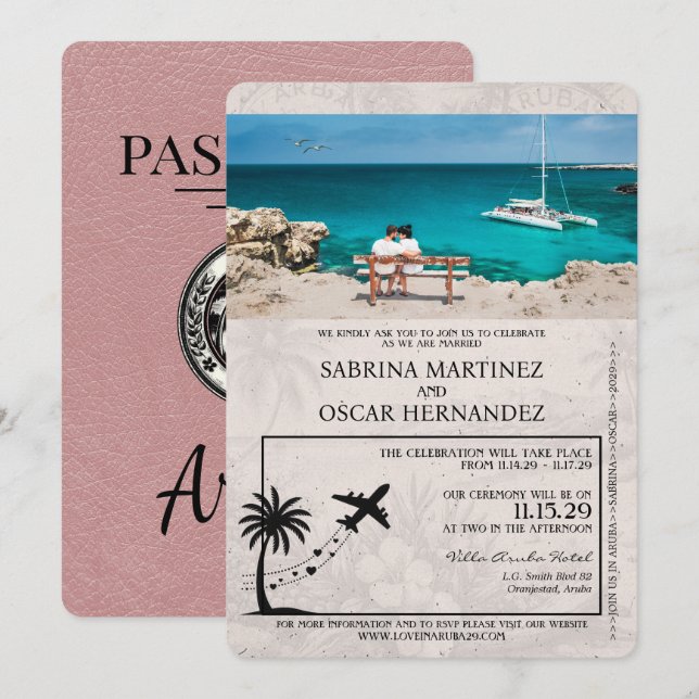 Dusty Rose Aruba Passport Hochzeit Einladung (Vorne/Hinten)