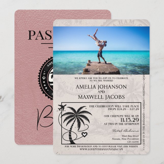 Dusty Rose Bahamas Passport Hochzeit Einladung (Vorne/Hinten)