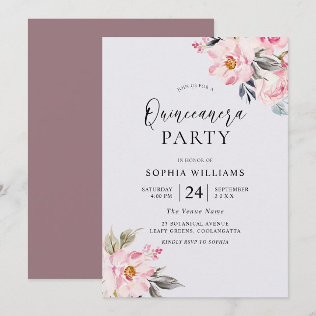 Dusty Rose Bloral Blush Pink Quinceanera Party Einladung (Vorne/Hinten)