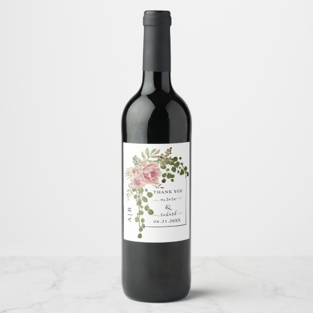 Dusty Rose Blume, Arch Danke Hochzeit Wein Weinetikett (Vorderseite)