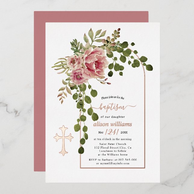 Dusty Rose Blume, Arsch Blütentaufe Rose Gold Folieneinladung (Vorderseite/Rückseite)