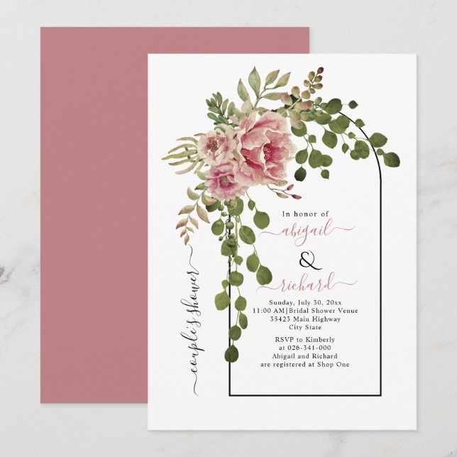 Dusty Rose Blume Bogen Hochzeitspaare Dusche Einladung (Vorne/Hinten)