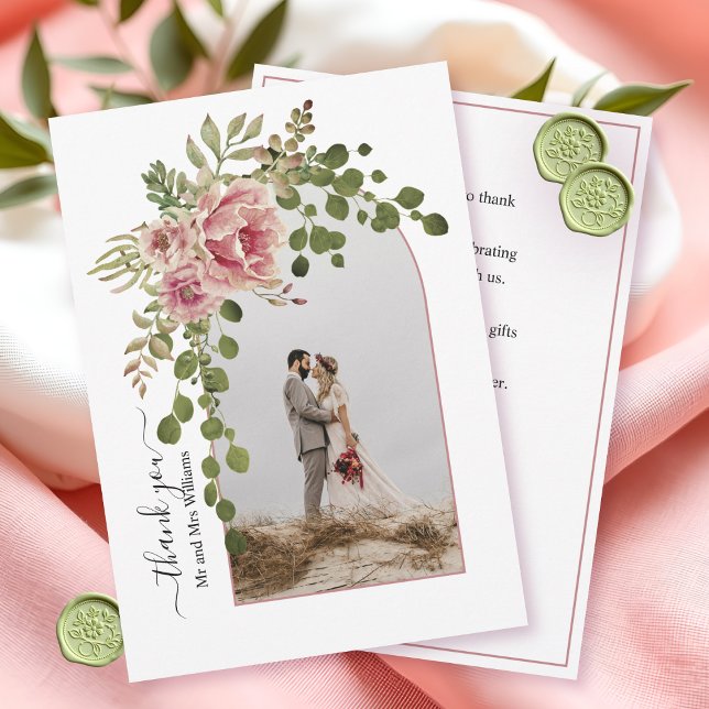 Dusty Rose Blume, Bogen mit Foto Hochzeit Dankeskarte (Von Creator hochgeladen)