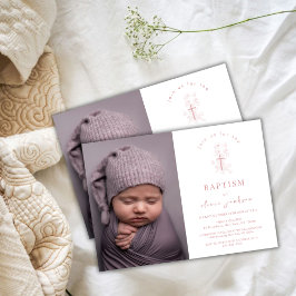 Dusty Rose Blume Cross Christening Foto Taufe Einladung