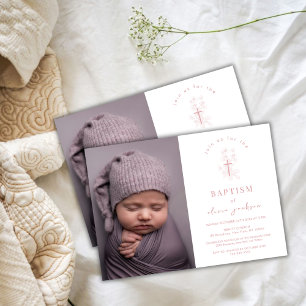 Dusty Rose Blume Cross Christening Foto Taufe Einladung
