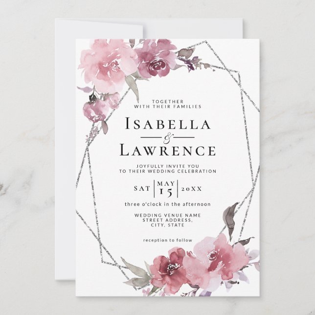 Dusty Rose Blume Pink Floral Silver Foil Hochzeit Einladung (Vorderseite)