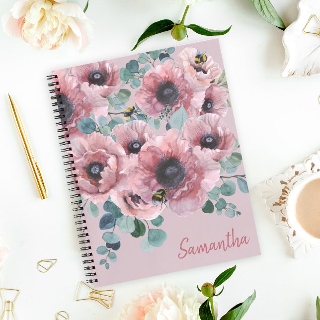 Dusty Rose Blume und Bienen Notebook Notizbuch (Brighten up your school day or journaling time with this pretty notebook.)