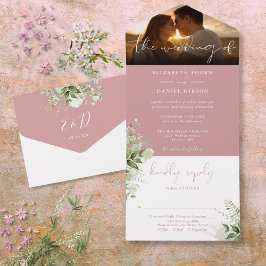 Dusty Rose Blumengrün Hochzeitsszene Foto All In One Einladung