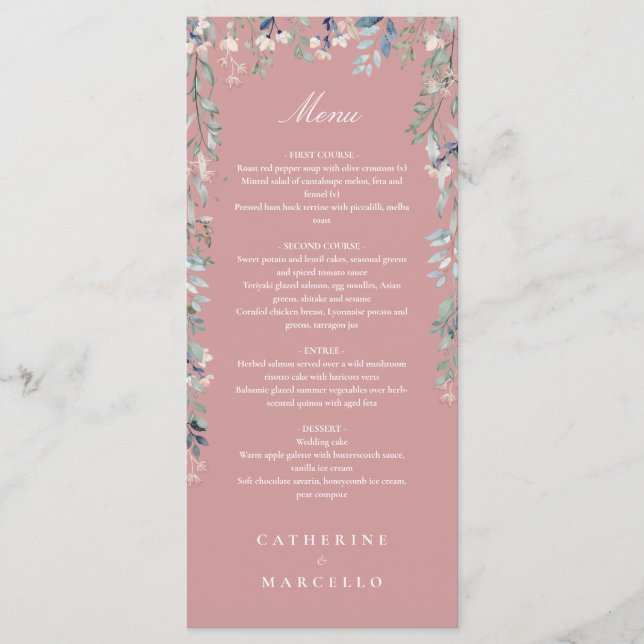 Dusty Rose Blumenkohl Wildblumen Hochzeitsessen Menükarte (Vorderseite)