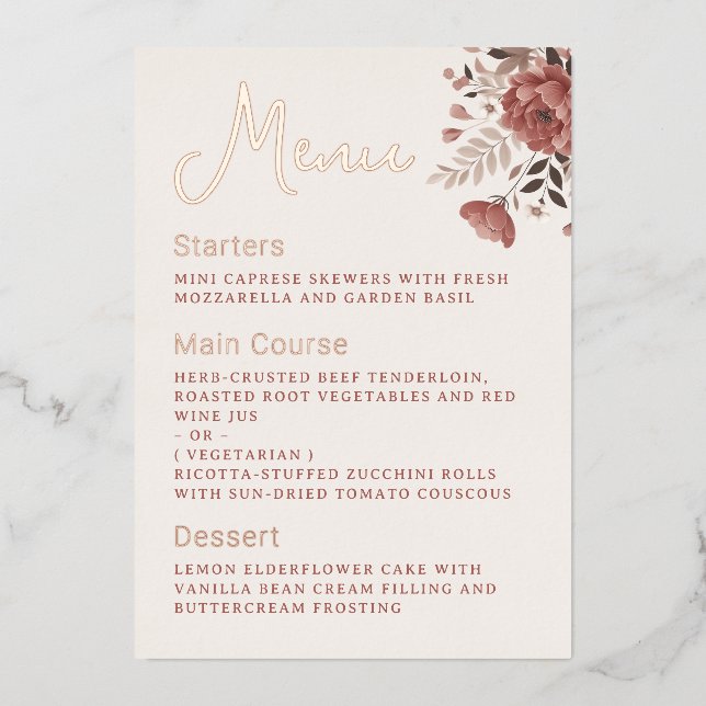 Dusty Rose Blumenmenü Gold Foil Menü Folieneinladung (Vorderseite)